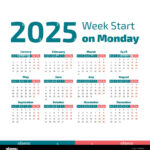 Simple 2025 Year Calendar, Week Starts On Monday Stock Vector Throughout 2025 Calendar Starting Monday Printable | CalendarCrazePrint.Com