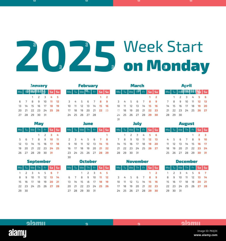 Simple 2025 Year Calendar, Week Starts On Monday Stock Vector Throughout 2025 Calendar Starting Monday Printable | CalendarCrazePrint.Com