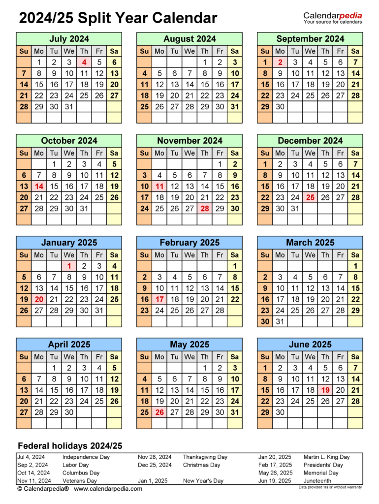 Split Year Calendars 2024/2025 (July To June)   Pdf Templates For Printable Calendar July 2025 Through June 2025  | CalendarCrazePrint.Com