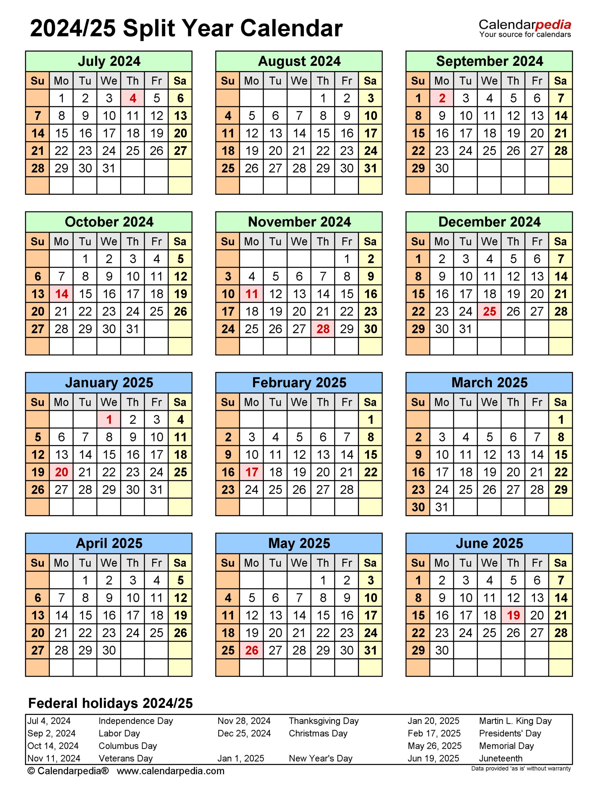 Split Year Calendars 2024/2025 (July To June) - Pdf Templates for Printable Calendar July 2025 Through June 2025 | CalendarCrazePrint.Com