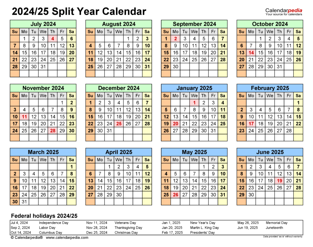 Split Year Calendars 2024/2025 (July To June)   Pdf Templates For September 2024 June 2025 Printable Calendar  | CalendarCrazePrint.Com