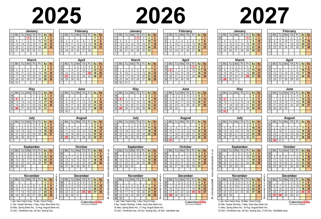 Three Year Calendars For 2025, 2026 & 2027 (Uk) For Pdf Throughout 3 Year Calendar 2025 To 2026 Printable  | CalendarCrazePrint.Com