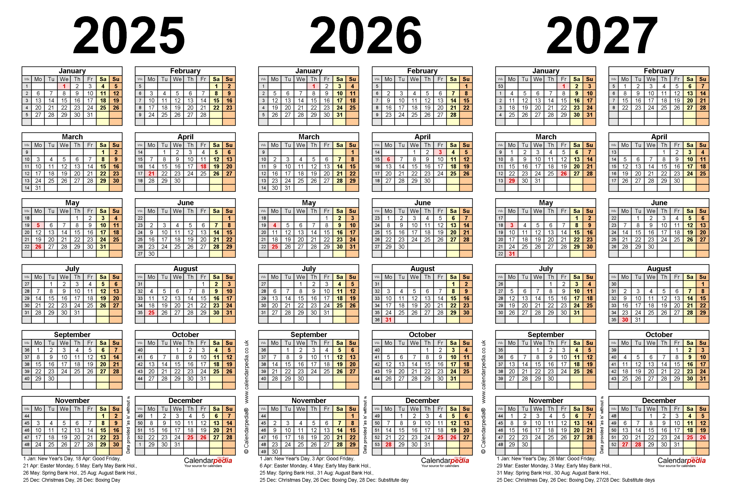 Three Year Calendars For 2025, 2026 &amp;amp; 2027 (Uk) For Pdf throughout 3 Year Calendar 2025 to 2026 Printable | CalendarCrazePrint.Com