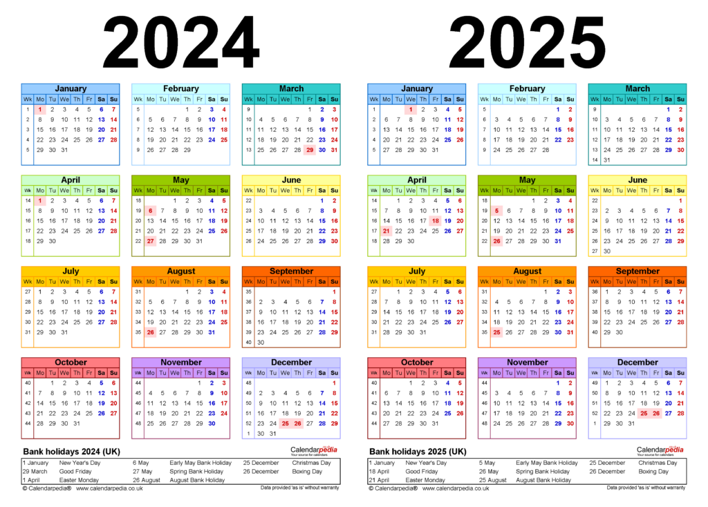 Two Year Calendars For 2024 And 2025 (Uk) For Pdf With Two Year Calendar 2024 And 2025 Printable  | CalendarCrazePrint.Com