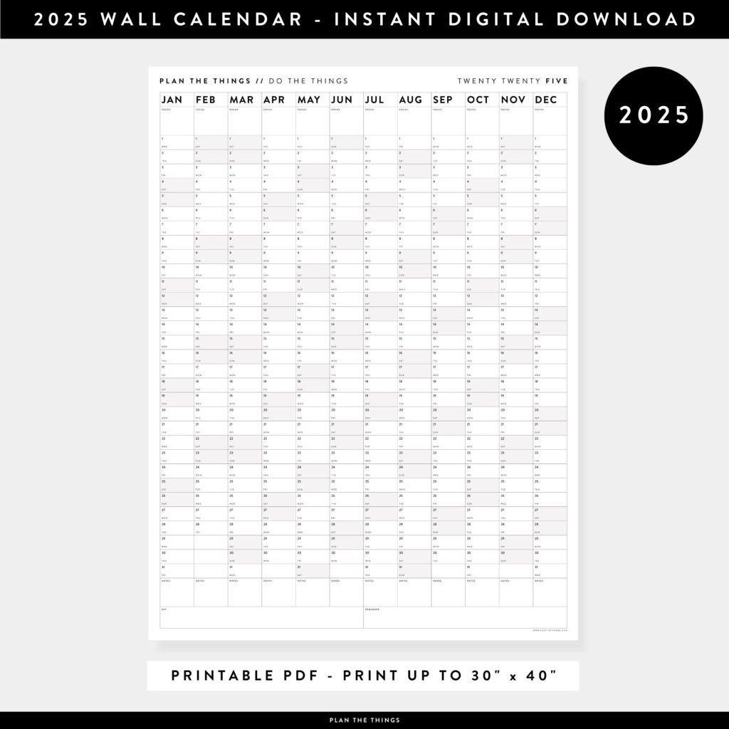 Wandkalender 2025 Zum Ausdrucken Digitale Pdf Sofortdownload 2025 In Printable 2025 Wall Calendar  | CalendarCrazePrint.Com