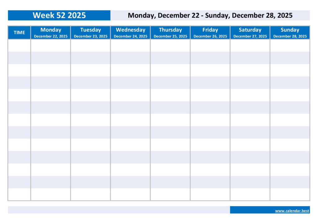 Week 52 2025: Dates, Calendar And Weekly Schedule To Print Within 52 Week Calendar 2025 Printable | CalendarCrazePrint.Com