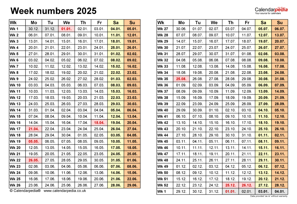 Week Numbers 2025 With Excel, Word And Pdf Templates Pertaining To  Calendars 2025 | CalendarCrazePrint.Com