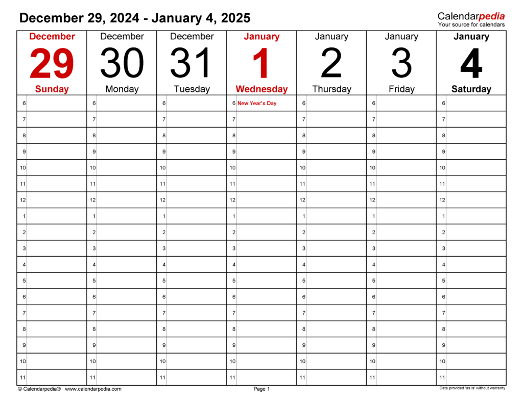 Weekly Calendars 2025 For Pdf   12 Free Printable Templates For  Calendars 2025 | CalendarCrazePrint.Com