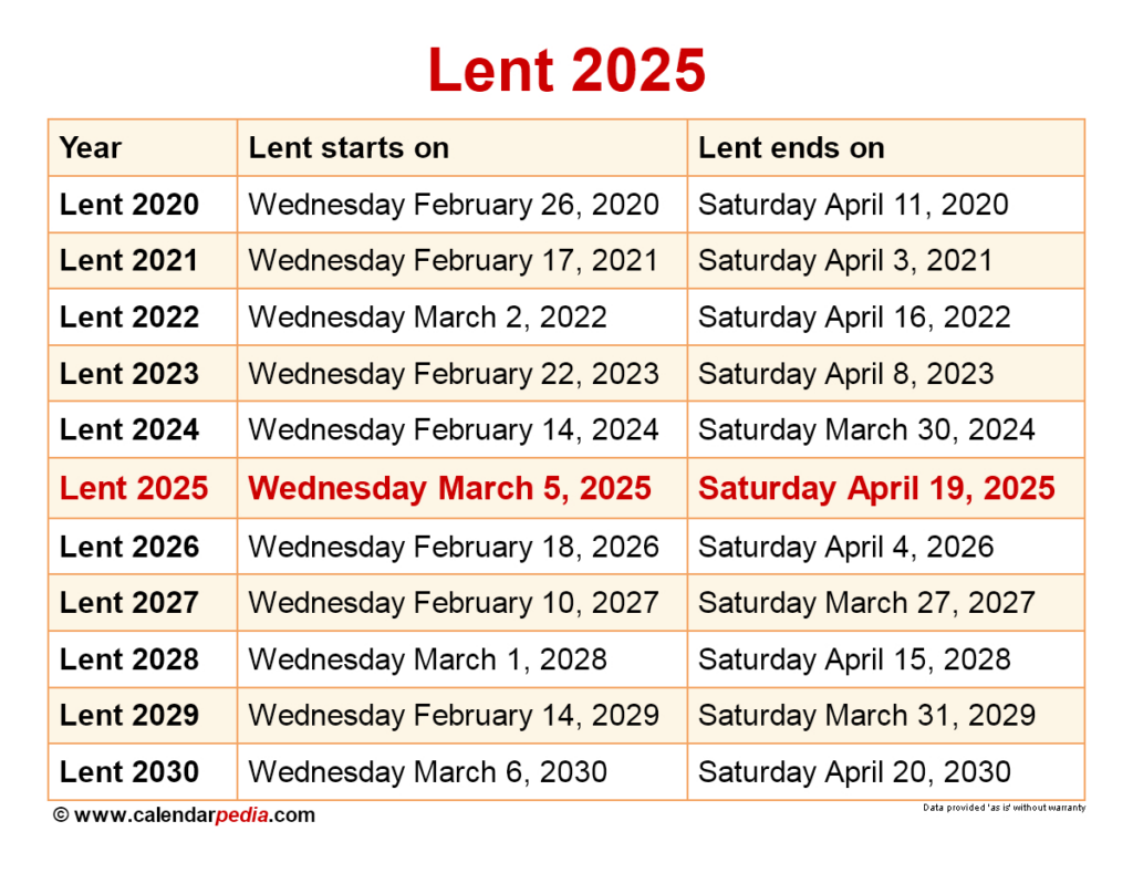 When Is Lent 2025? Inside  Calendars 2025 | CalendarCrazePrint.Com