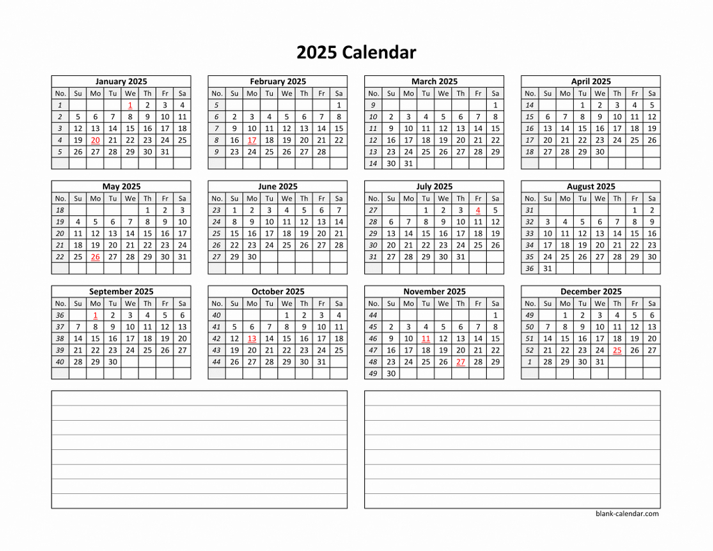 Yearly 2025 Calendars regarding 2025 Calendar with Notes Printable | CalendarCrazePrint.Com