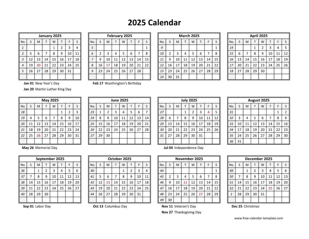 Yearly Calendar 2025 Printable With Federal Holidays | Free In  Calendars 2025 | CalendarCrazePrint.Com