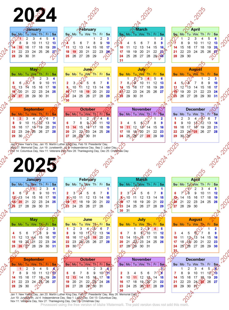 2024 2025 Colorful Calendar Printable, Yearly Calendar, 12 Months Inside 2024 And 2025 Calendar Printable | CalendarCrazePrint.Com