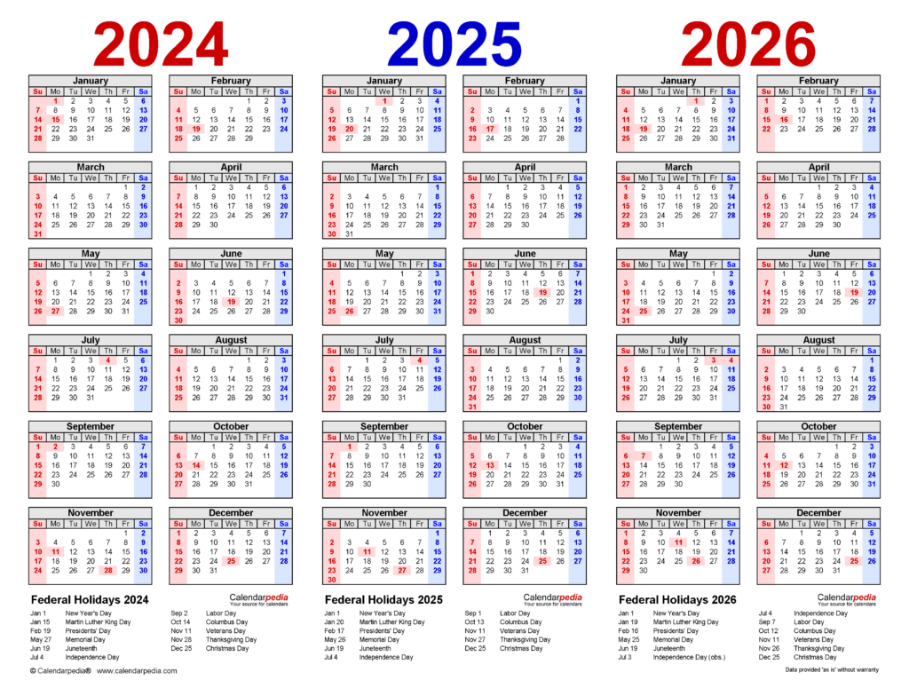 2024 2026 Three Year Calendar   Free Printable Pdf Templates Throughout 3 Year Calendar 2024 To 2025 Printable | CalendarCrazePrint.Com