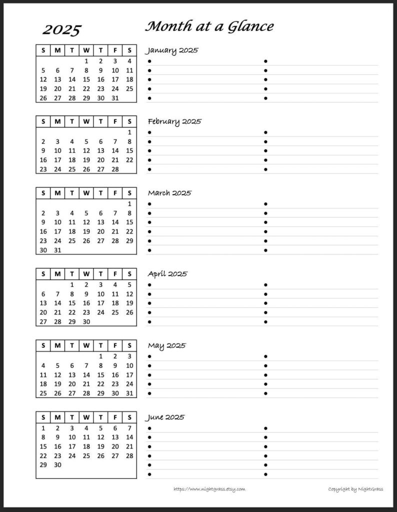 2025 6 Month At A Glance Minimalist Calendar, 8.5X11 Instant Intended For 6 Month Printable Calendar 2025 | CalendarCrazePrint.Com