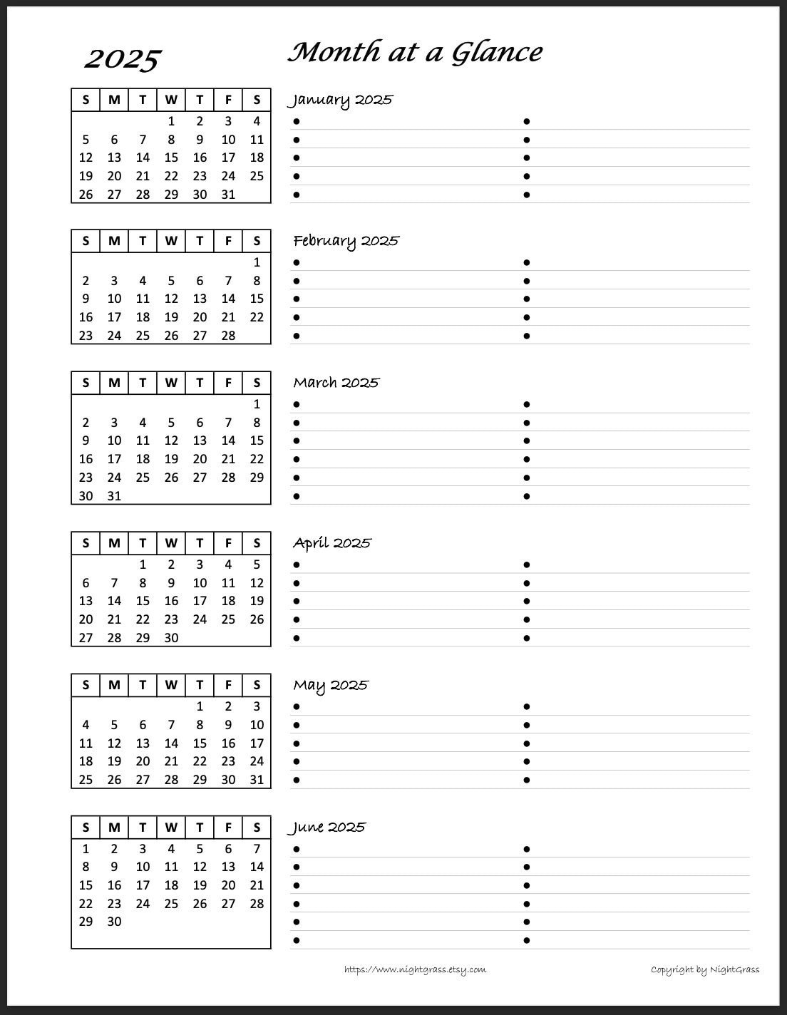 2025 6-Month At A Glance Minimalist Calendar, 8.5X11 Instant intended for 6 Month Printable Calendar 2025 | CalendarCrazePrint.Com