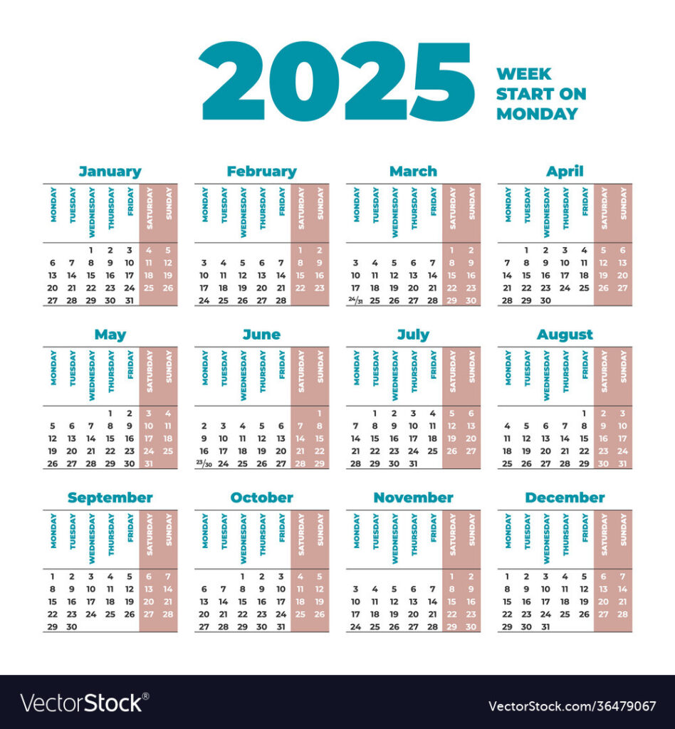 2025 Calendar Template With Weeks Start On Monday Vector Image In  Calendars 2025 | CalendarCrazePrint.Com