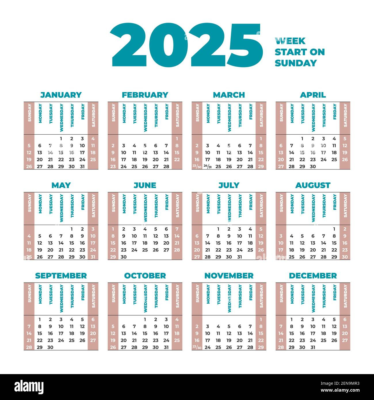 2025 Calendar Template With Weeks Start On Sunday Stock Vector inside 2025 Work Week Calendar Printable | CalendarCrazePrint.Com