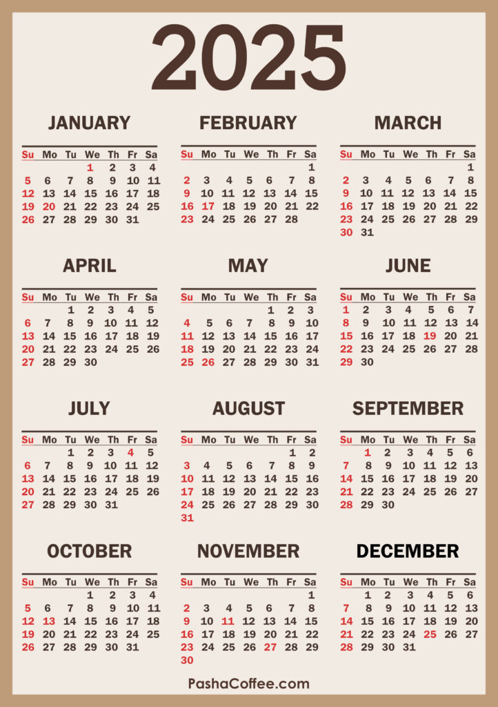 2025 Calendar With Holidays, Printable Free, Vertical, Beige Inside  Calendars 2025 | CalendarCrazePrint.Com