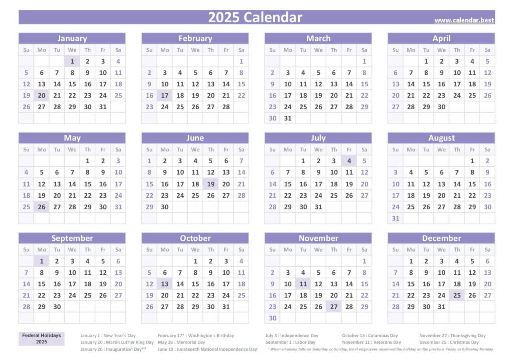 2025 Calendar With Holidays (Us Federal Holidays) Throughout 2025 Year Calendar With Holidays Printable | CalendarCrazePrint.Com 2025 Calendar With Holidays (Us Federal Holidays) Throughout 2025 Year Calendar With Holidays Printable | CalendarCrazePrint.Com