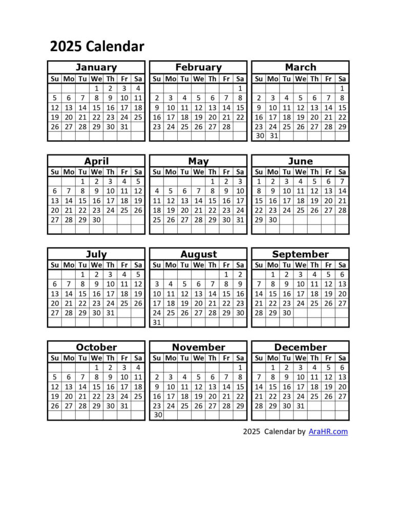 2025 Calendar   Yearly   Monthly   Free   Printable   Template For 2025 Attendance Calendar Printable | CalendarCrazePrint.Com