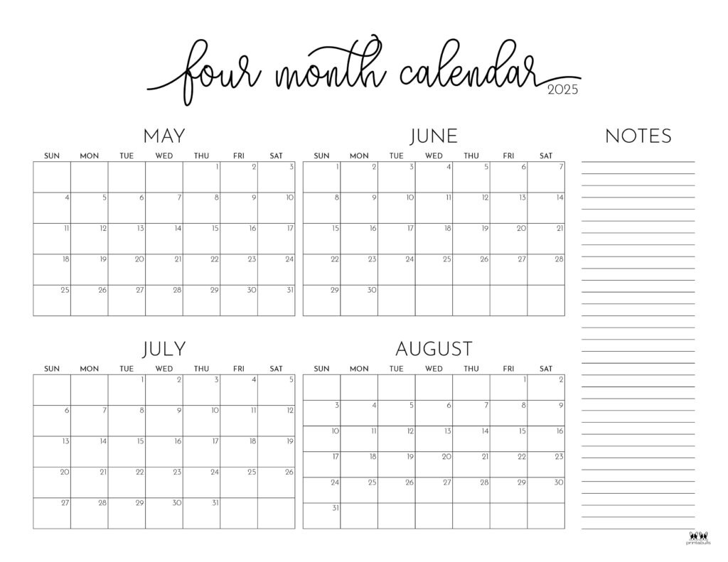 2025 Four Month Calendars - 31 Free Printables | Printabulls for Calendars 2025 | CalendarCrazePrint.Com