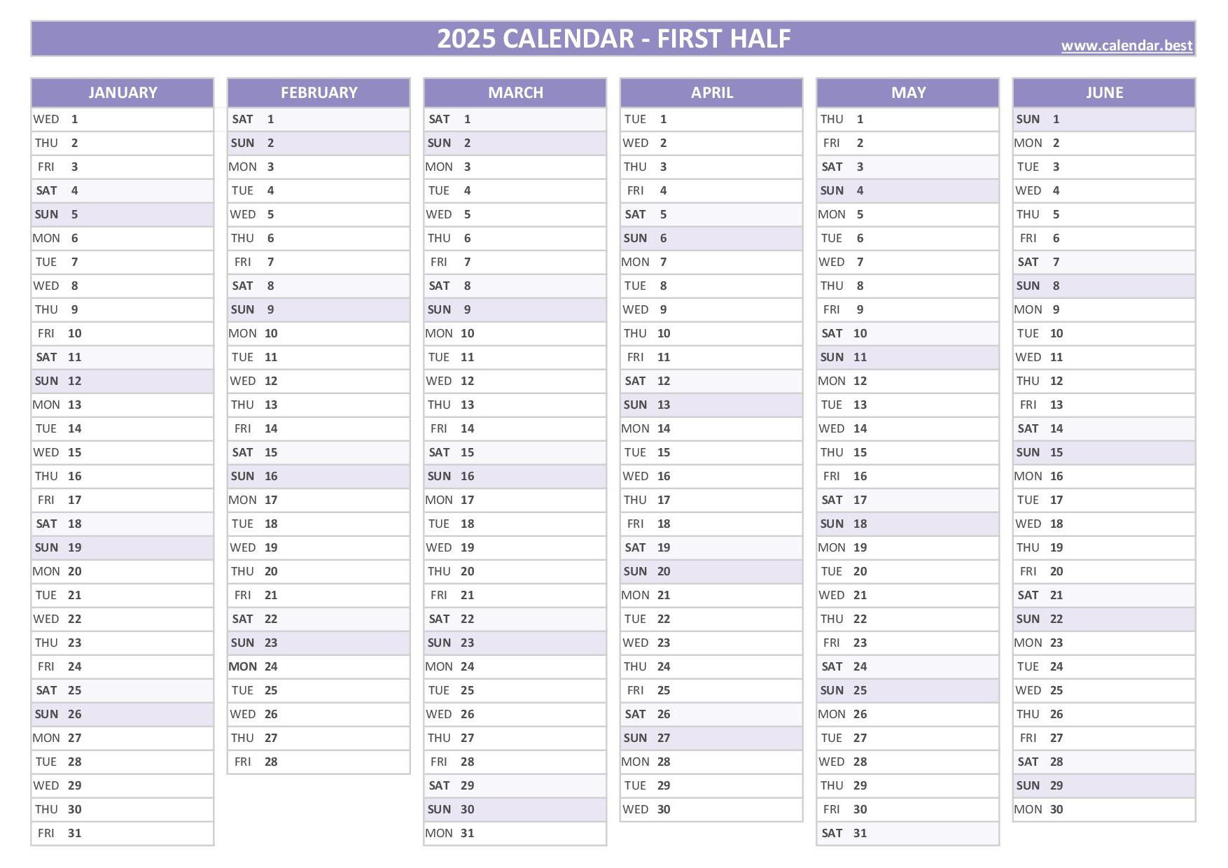 2025 Half Year Calendar To Print regarding Calendars 2025 | CalendarCrazePrint.Com