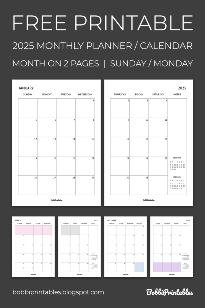 2025 Monthly Planner Calendar Free Printable   Month On 2 Pages For Calendar Planner 2025 Printable Free | CalendarCrazePrint.Com