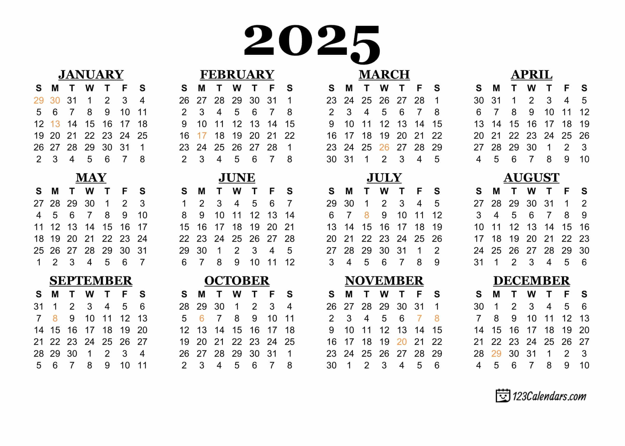 2025 Printable Calendar | 123Calendars pertaining to February 2025 Calendar 123Calendars