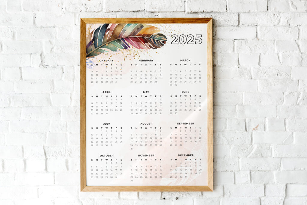 2025 Printable Calendar Year At A Glance | Boho Feather Watercolor | 16 X  20 | 8 X 10 | Instant Download | Portrait | Planner Inside 2025 Calendar Printable Portrait  | CalendarCrazePrint.Com