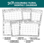 2025 Printable & Editable Coloring Calendar, Floral Monthly Regarding Free Printable Coloring Calendar 2025 For Adults  | CalendarCrazePrint.Com