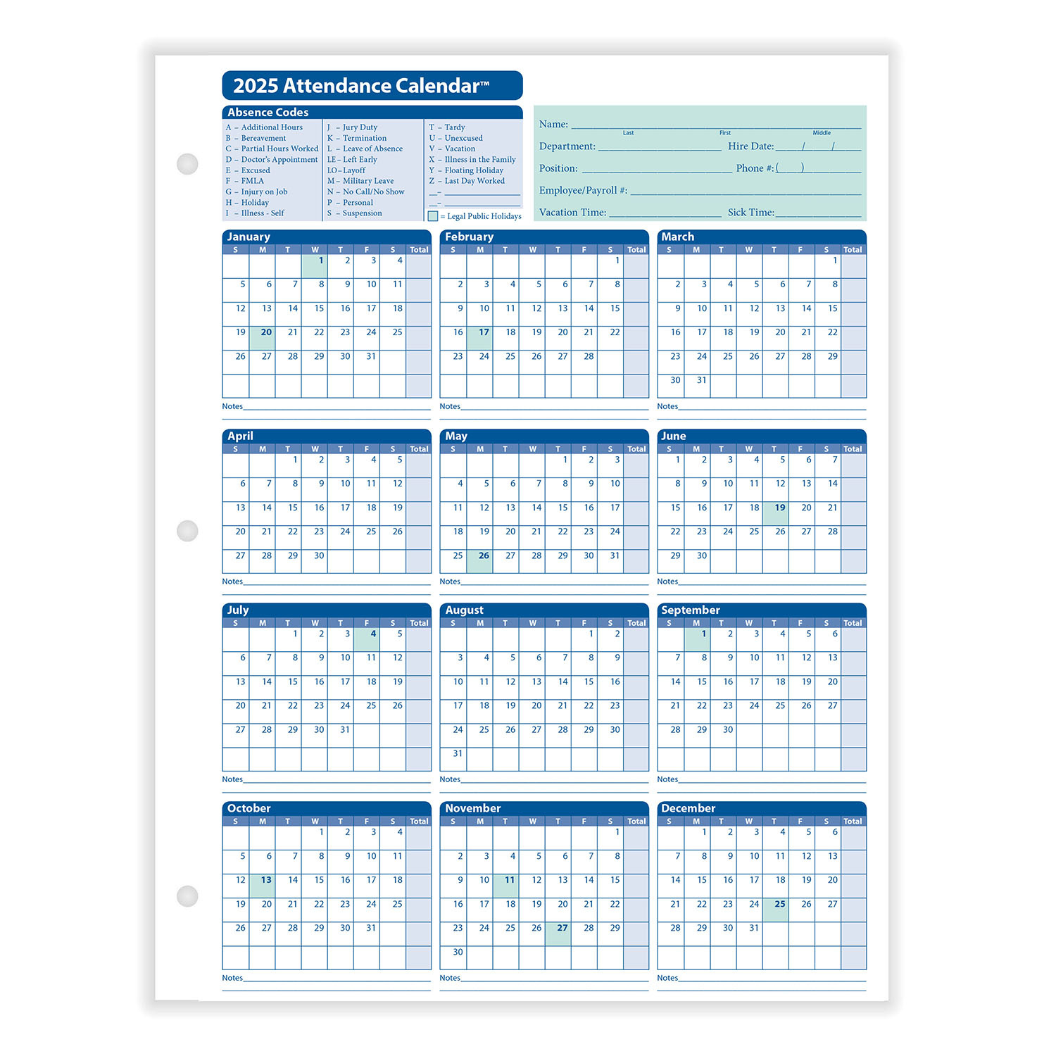 2025 Yearly Employee Attendance Calendar | Yearly Calendar | Hrdirect in 2025 Attendance Calendar Printable | CalendarCrazePrint.Com