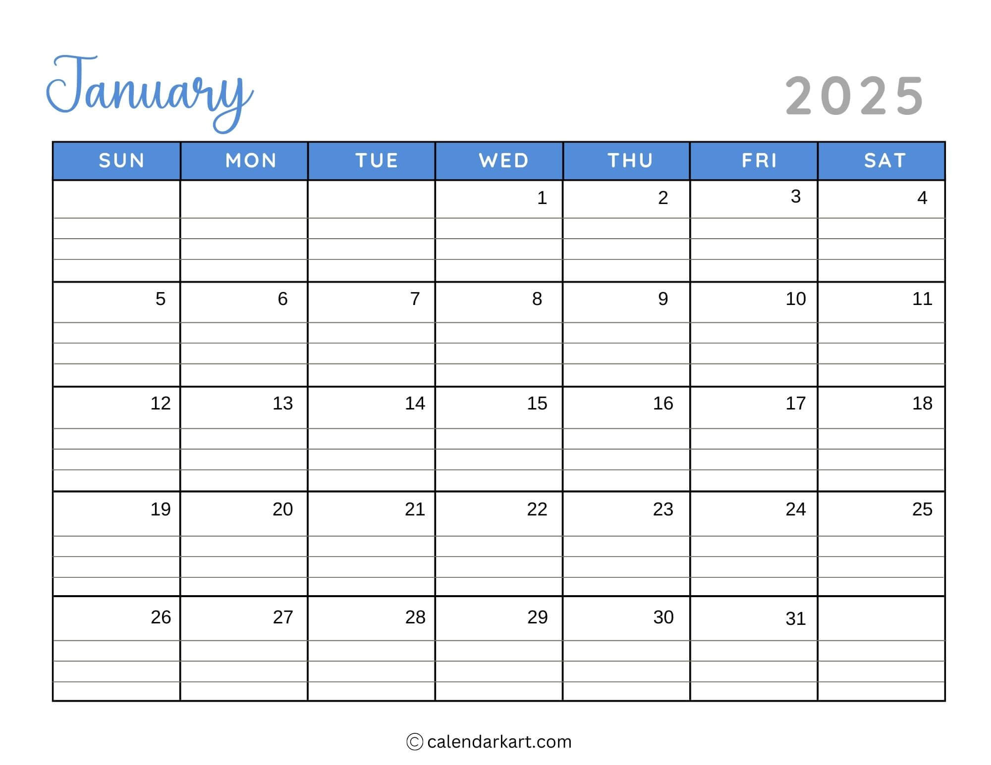 40+ Printable January 2025 Calendars | Free Pdf - Calendarkart with regard to Printable Calendar With Lines 2025 | CalendarCrazePrint.Com