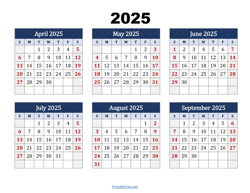 April To September 2025 Calendar Printable Pdf | Six Months Calendar With Regard To 6 Month Printable Calendar 2025 | CalendarCrazePrint.Com