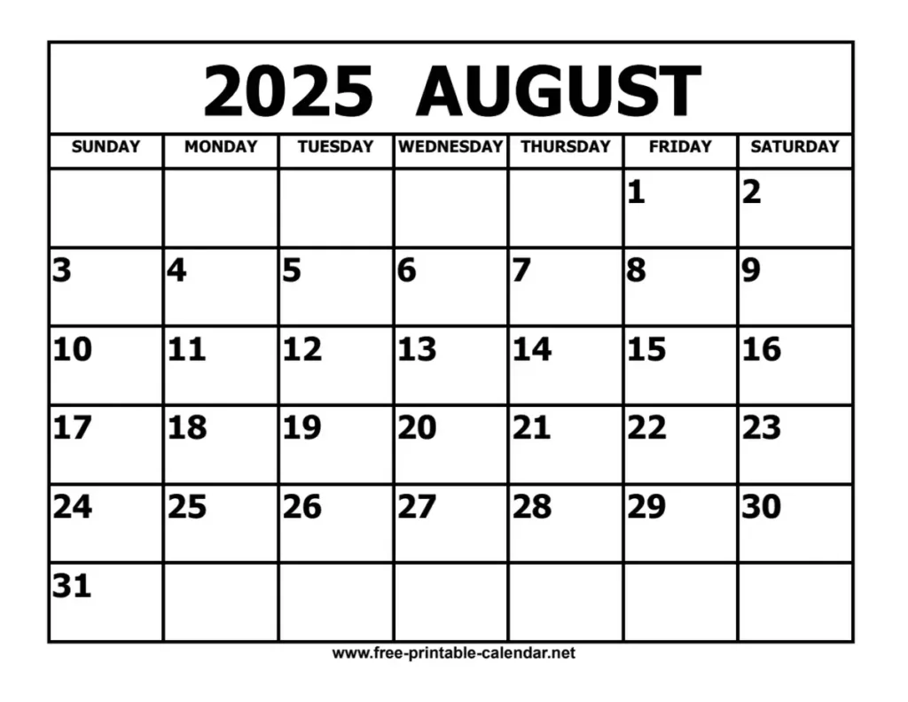 August 2025 Calendar For Printable August Calendar 2025 Free  | CalendarCrazePrint.Com