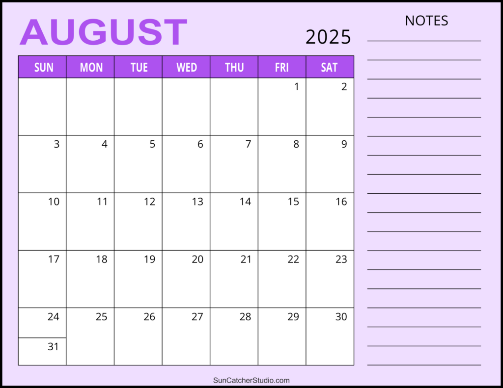 August 2025 Calendar (Free Printable) – Diy Projects, Patterns Within  Calendars 2025 | CalendarCrazePrint.Com