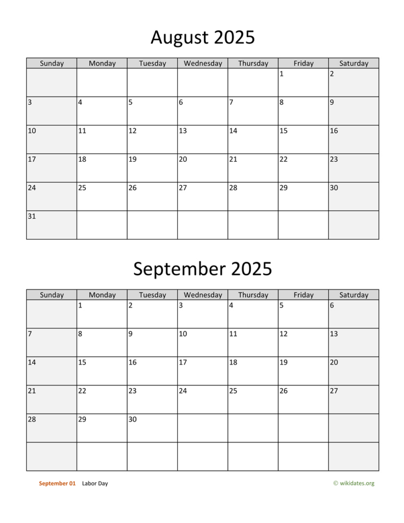 August And September 2025 Calendar | Wikidates With Printable Calendar July August September 2025  | CalendarCrazePrint.Com