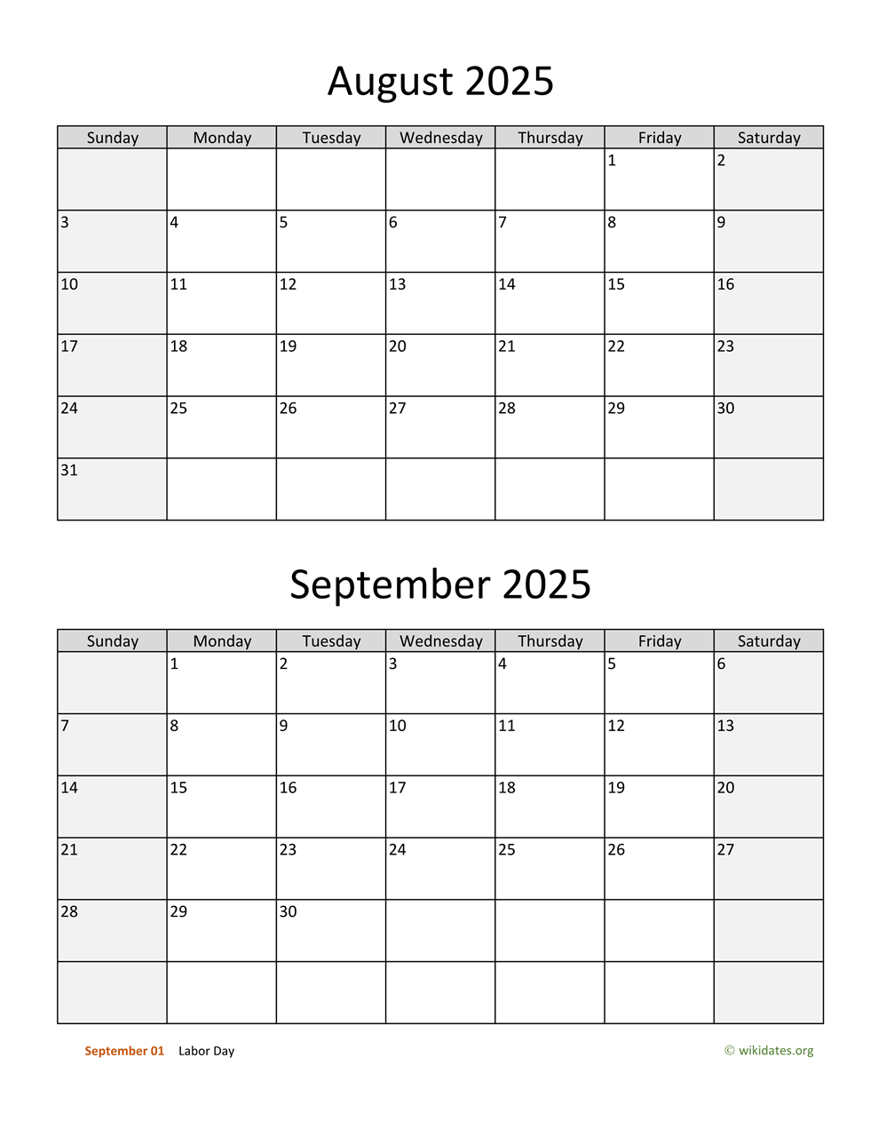 August And September 2025 Calendar | Wikidates with Printable Calendar July August September 2025 | CalendarCrazePrint.Com