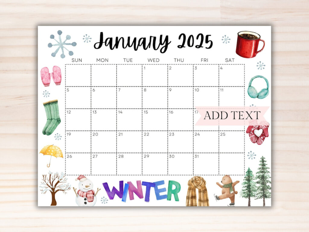 Bearbeitbarer Januarkalender 2025, Druckbarer Kalender 2025, Süßer In January 2025 Calendar Printable Cute  | CalendarCrazePrint.Com