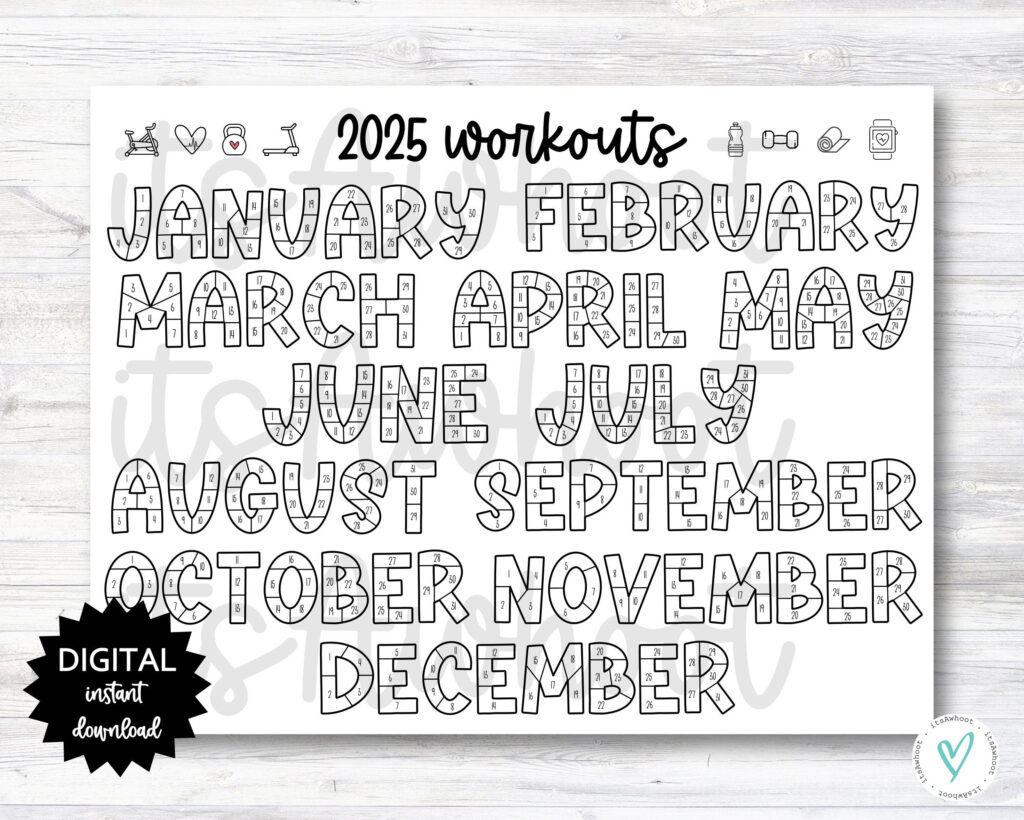 Buy 2025 Workouts Tracker Coloring Page Printable, Coloring With Fitness Calendar 2025 Printable  | CalendarCrazePrint.Com