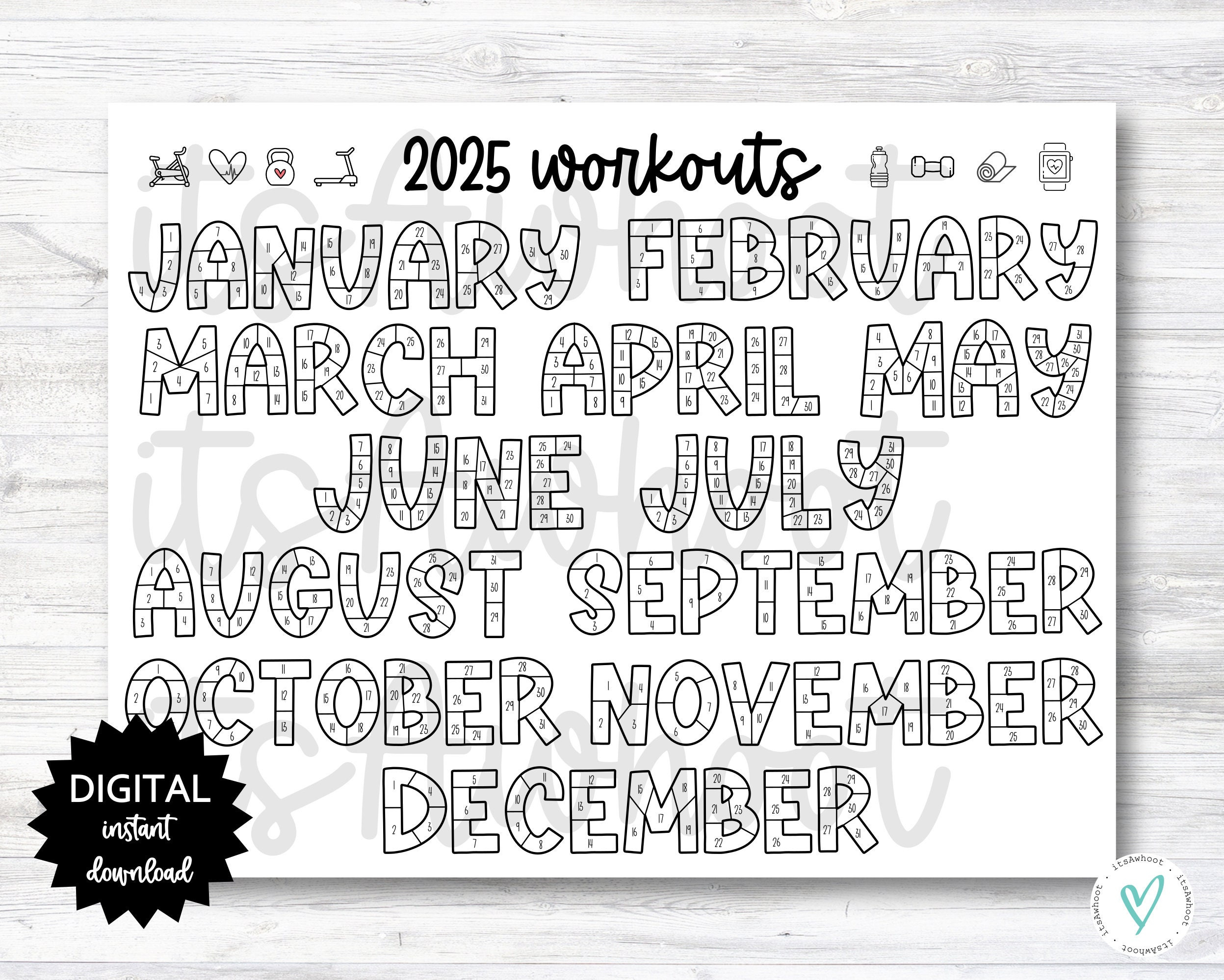 Buy 2025 Workouts Tracker Coloring Page Printable, Coloring with Fitness Calendar 2025 Printable | CalendarCrazePrint.Com