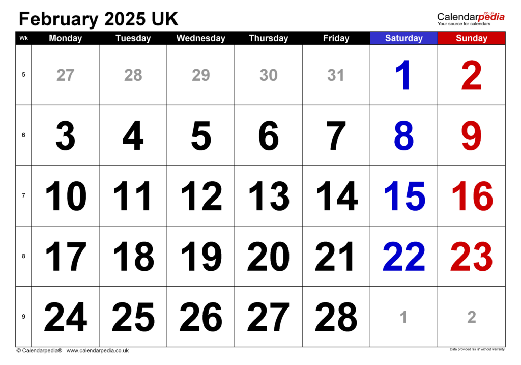 Calendar February 2025 Uk With Excel, Word And Pdf Templates Pertaining To The Calendar For February 2025