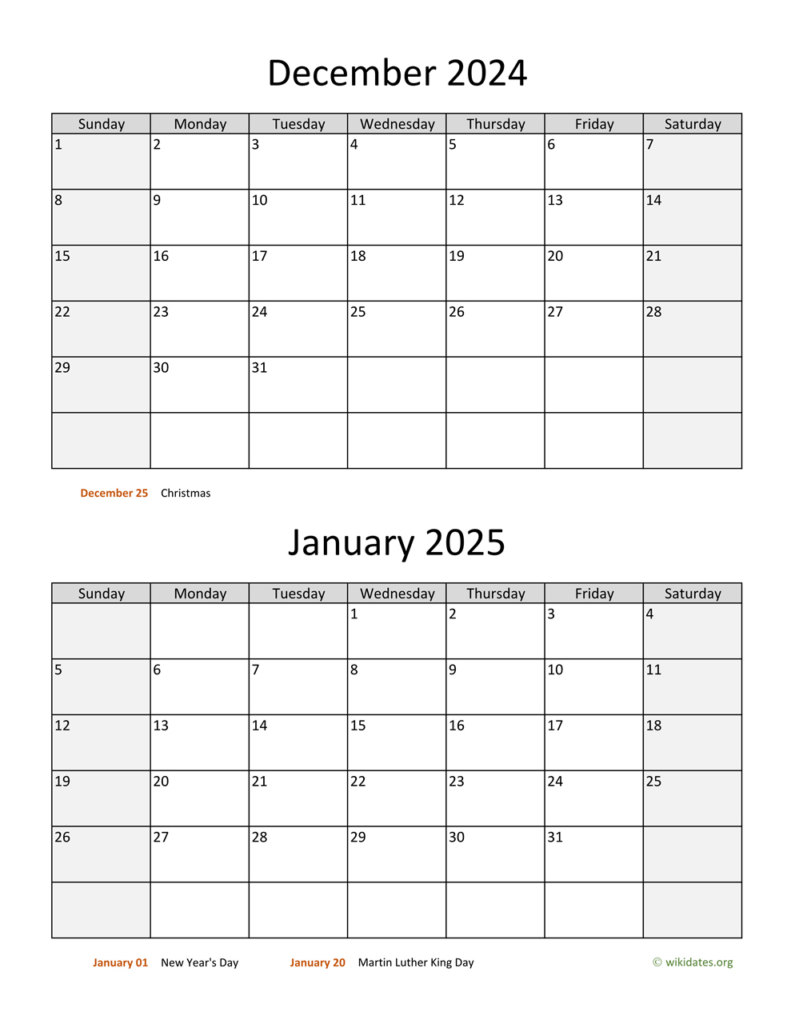 December 2024 And January 2025 Calendar | Wikidates In  Calendars 2025 | CalendarCrazePrint.Com