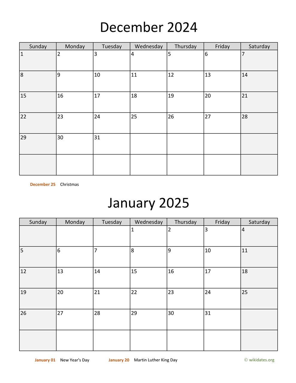 December 2024 And January 2025 Calendar | Wikidates in Calendars 2025 | CalendarCrazePrint.Com