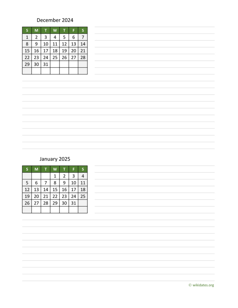 December 2024 And January 2025 Calendar | Wikidates Regarding  Calendars 2025 | CalendarCrazePrint.Com