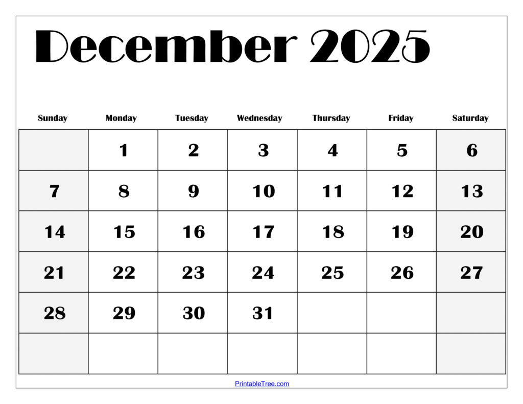 December 2025 Calendar Printable Pdf Template With Holidays With December Free Printable Calendar 2025 | CalendarCrazePrint.Com