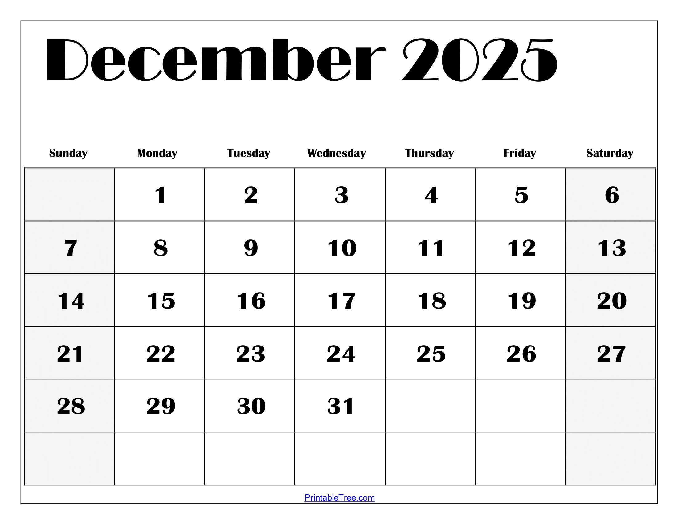 December 2025 Calendar Printable Pdf Template With Holidays with December Free Printable Calendar 2025 | CalendarCrazePrint.Com