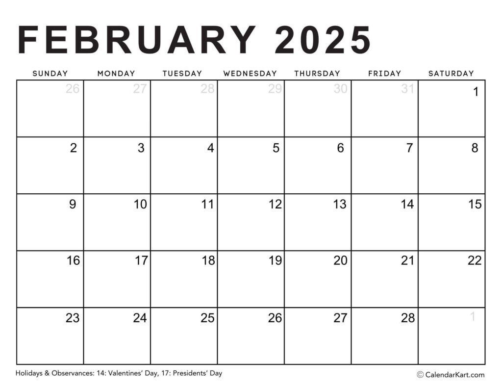 Editable Printable Calendars 2025   Typeable Pdf   Calendarkart In February 2025 Fillable Calendar