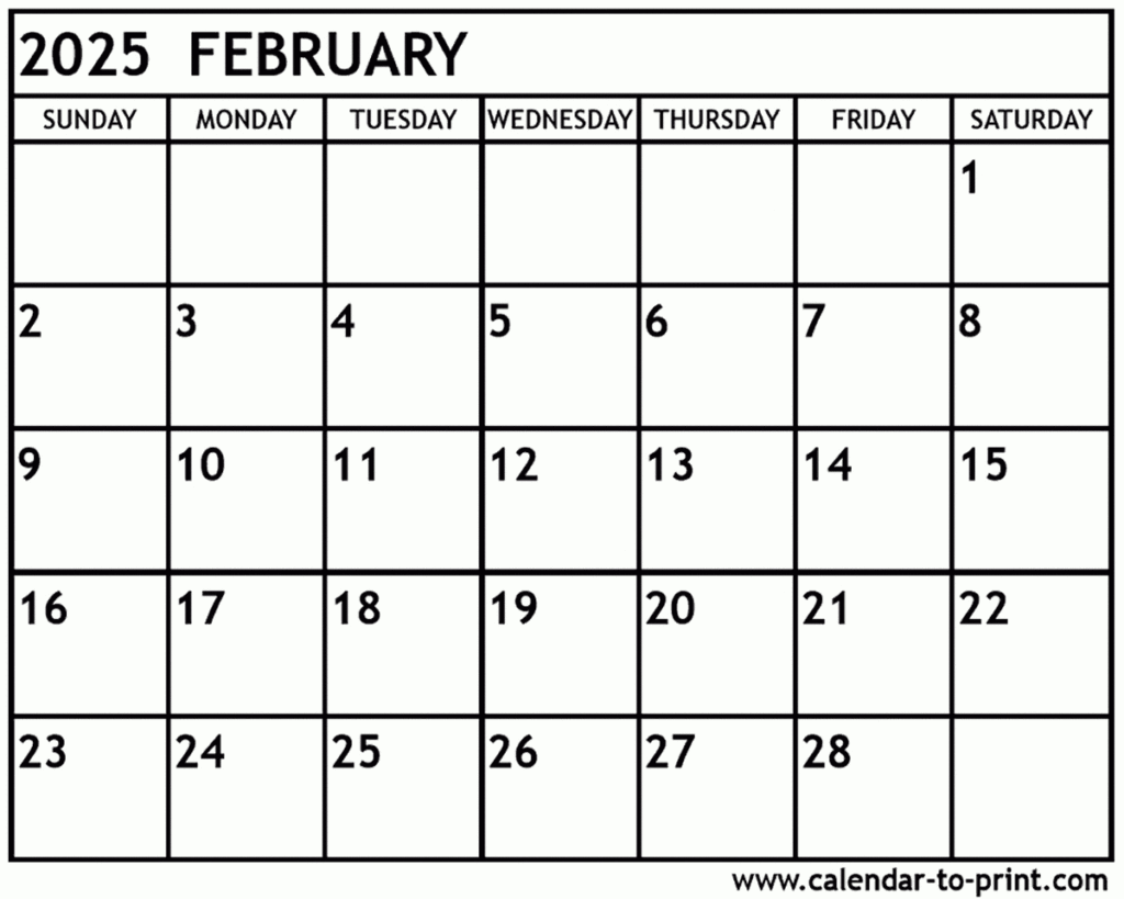 February 2025 Calendar Printable For February Blank Printable Calendar 2025