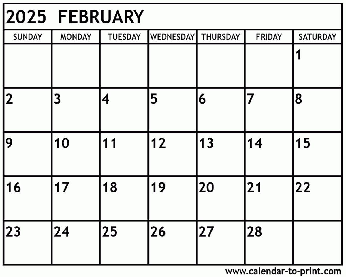 February 2025 Calendar Printable pertaining to Free Printable Calendar Feb 2025 | CalendarCrazePrint.Com