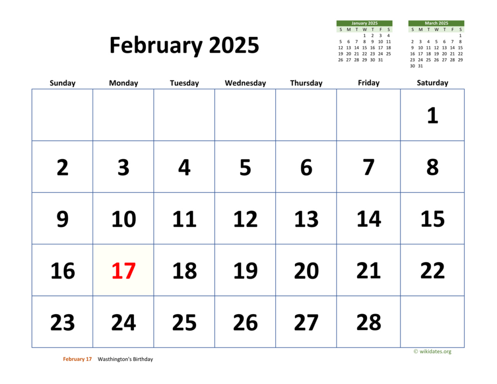 February 2025 Calendar With Extra Large Dates | Wikidates Inside February 24th Calendar 2025